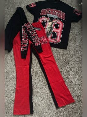 Rockstar Original Men’s XXL Red Black Graphic 3-Piece Set Sweatpants T-Shirts